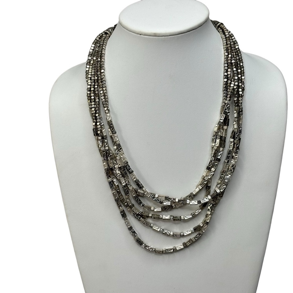 Chico’s Silver Hammered Rectangular Beads 6 Stran… - image 2